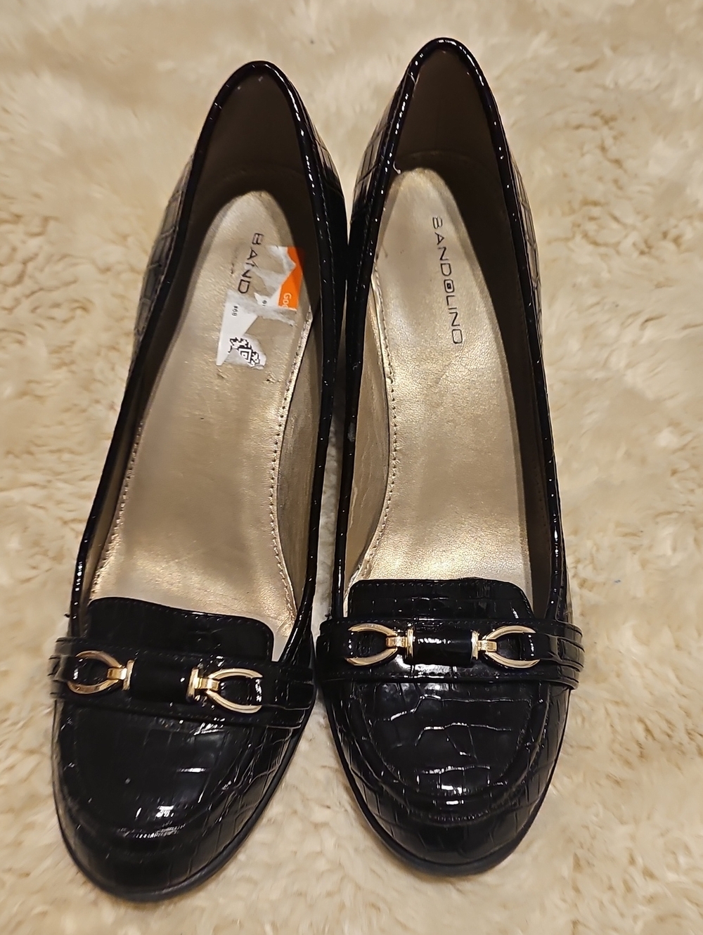 Bandolino Black Patent Croc-Texture Loafers with Gold Accent